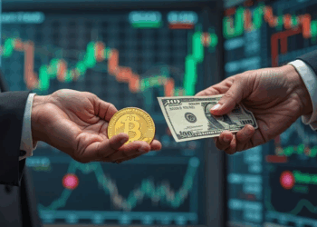 moneda de bitcoin en una mano y otra mano con dólares.