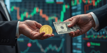 moneda de bitcoin en una mano y otra mano con dólares.