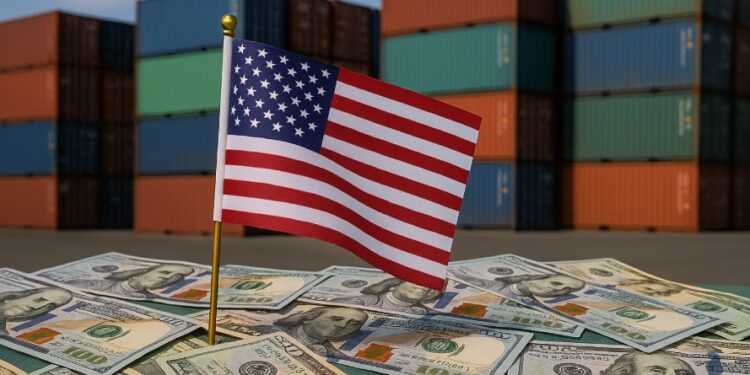 Bandera de EE. UU. con dinero y containers de importación.