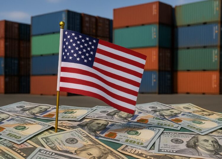 Bandera de EE. UU. con dinero y containers de importación.