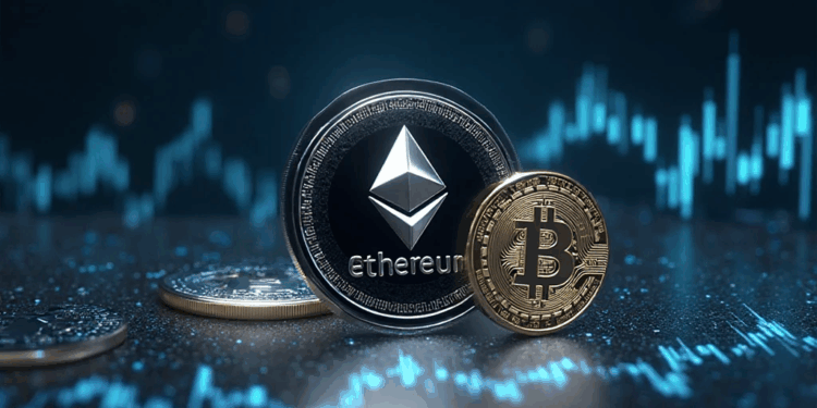 moneda de Ethereum y una de bitcoin.