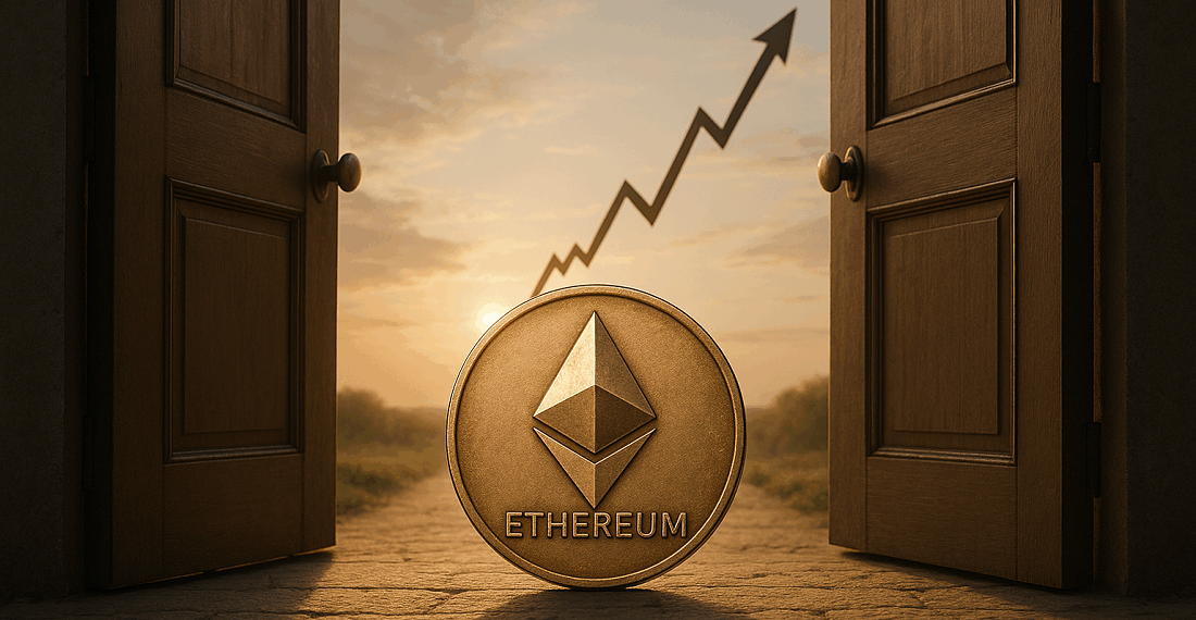 Una moneda de Ethereum entrando por una puerta de doble hoja.