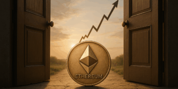 Una moneda de Ethereum entrando por una puerta de doble hoja.