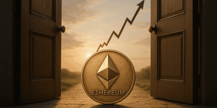 Una moneda de Ethereum entrando por una puerta de doble hoja.
