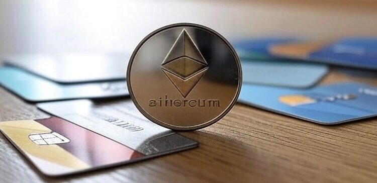 Una moneda dorada de Ethereum junto a tarjetas de credito.