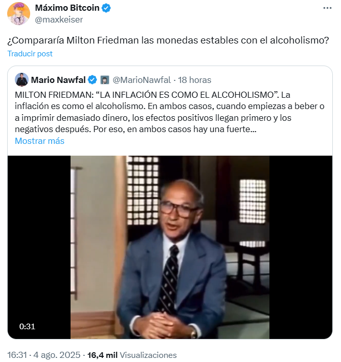 Una imagen del economista Milton Friedman que Max Keiser usar para comparar a las stablecoins con el alcoholismo.