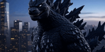 Un dinosaurio con el logo de Godzilla