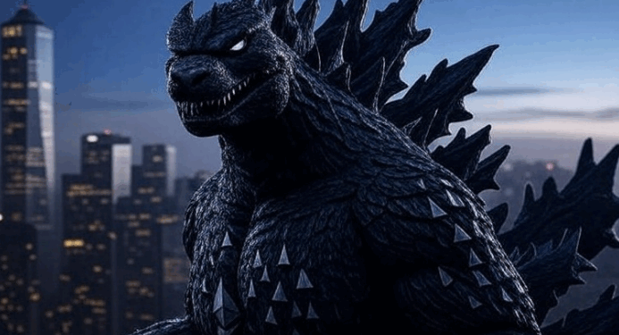 Un dinosaurio con el logo de Godzilla