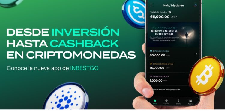 Mano sosteniendo teléfono inteligente con la app de Inbestgo en pantalla y criptomonedas flotando de fondo.