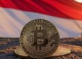 La bandera de Indonesia junto a una moneda dorada de bitcoin.