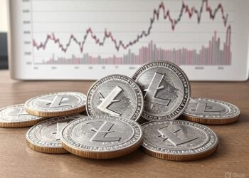 monedas de litecoin y gráfico de fondo.