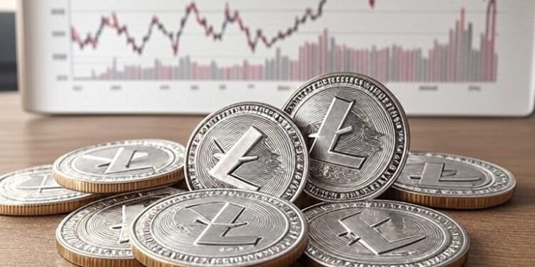 monedas de litecoin y gráfico de fondo.