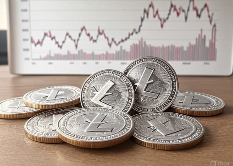 monedas de litecoin y gráfico de fondo.