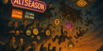 ChatGPT said: Una feria caótica llamada "Altseason" seduce con promesas de riqueza rápida, mientras inversionistas caen al vacío entre monedas meme y señales de colapso.