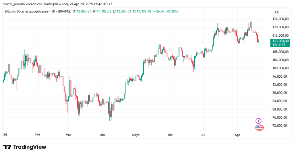 Gráfico de precio de bitcoin entre enero y agosto de 2025