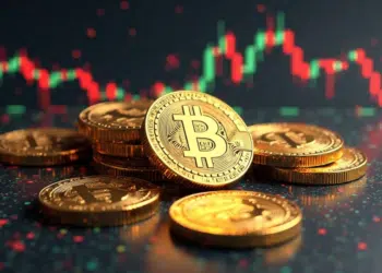 monedas de bitcoin y fondo de gráficos.