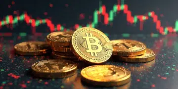 monedas de bitcoin y fondo de gráficos.
