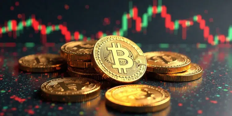 monedas de bitcoin y fondo de gráficos.