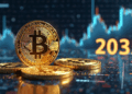 monedas de bitcoin y gráfico de fondo.