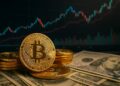 Bitcoin con dinero y gráficas de fondo.