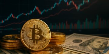 Bitcoin con dinero y gráficas de fondo.