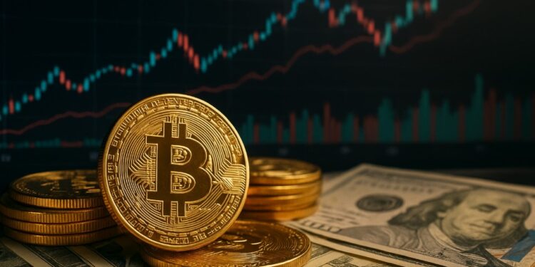 Bitcoin con dinero y gráficas de fondo.
