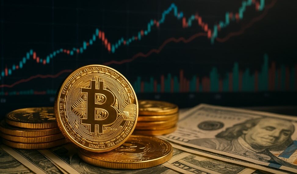 Bitcoin con dinero y gráficas de fondo.