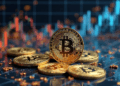 monedas de bitcoin y gráfico de precios en el fondo.