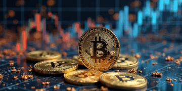 monedas de bitcoin y gráfico de precios en el fondo.