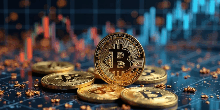 monedas de bitcoin y gráfico de precios en el fondo.