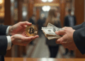 dos personas intercambiando bitcoin por dólares.