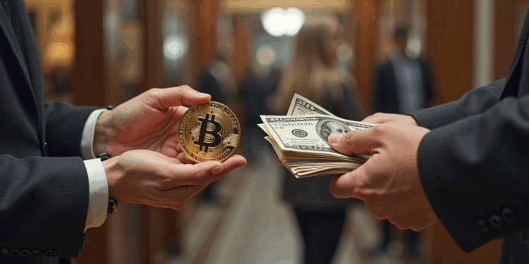 dos personas intercambiando bitcoin por dólares.