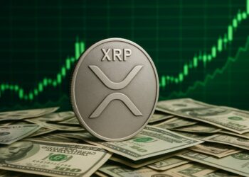 XRP con gráficas verdes y dinero alrededor.