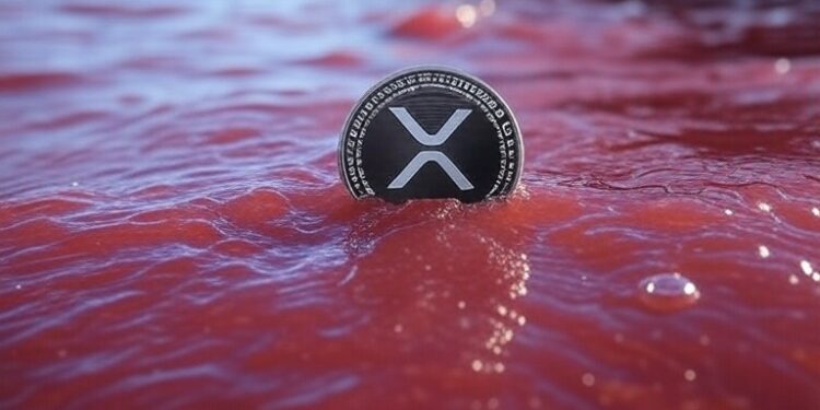 Una moneda de XRP en medio de una marea roja.