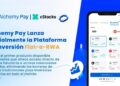Móvil con la aplicación de Alchemy Pay en fondo azul