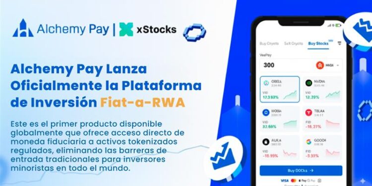 Móvil con la aplicación de Alchemy Pay en fondo azul