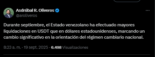 Un mensaje en X del economista venezolano Asdrúbal Oliveros.