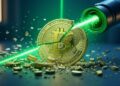 moneda de Bitcoin partida en pedazos atravesada por un rayo laser verde que emerge desde un cañon.
