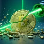 moneda de Bitcoin partida en pedazos atravesada por un rayo laser verde que emerge desde un cañon.