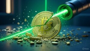 moneda de Bitcoin partida en pedazos atravesada por un rayo laser verde que emerge desde un cañon.