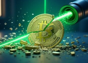 moneda de Bitcoin partida en pedazos atravesada por un rayo laser verde que emerge desde un cañon.
