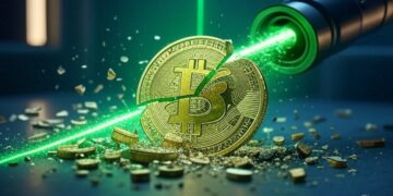 moneda de Bitcoin partida en pedazos atravesada por un rayo laser verde que emerge desde un cañon.
