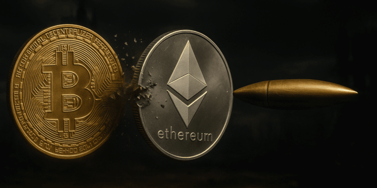 Grok: genera una imagen de una moneda de Bitcoin y una de Ethereum siendo perforadas por una bala de acero. Usa un estilo realista. El formato debe ser 16:9