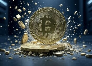 Grok: genera una imagen de una moneda de Bitcoin partiéndose en muchos pedazos. Una un fondo tecnologico. el formato debe ser 16:9