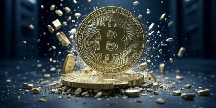 Grok: genera una imagen de una moneda de Bitcoin partiéndose en muchos pedazos. Una un fondo tecnologico. el formato debe ser 16:9