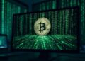 genera una imagen de una computadora con una imagen de una moneda de Bitcoin. De fondo añade códigos e informacion corriendo en pantallas al estilo pelicula Matrix. El formato debe ser16:9.