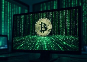 genera una imagen de una computadora con una imagen de una moneda de Bitcoin. De fondo añade códigos e informacion corriendo en pantallas al estilo pelicula Matrix. El formato debe ser16:9.