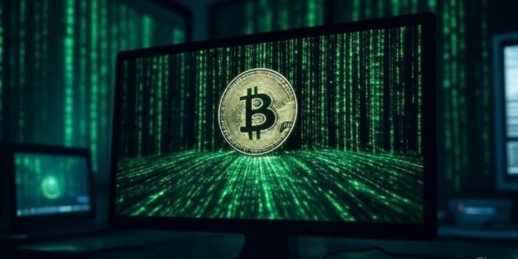genera una imagen de una computadora con una imagen de una moneda de Bitcoin. De fondo añade códigos e informacion corriendo en pantallas al estilo pelicula Matrix. El formato debe ser16:9.