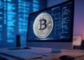 Imagen elaborada con Grok a partir del texto: "genera una imagen de una computadora corriendo un nodo de Bitcoin en un entorno tecnológico e informático. El formato debe ser 16:9".