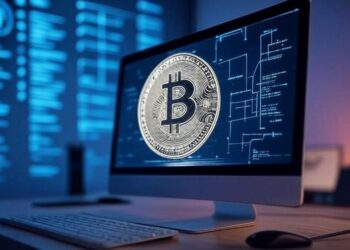 Imagen elaborada con Grok a partir del texto: "genera una imagen de una computadora corriendo un nodo de Bitcoin en un entorno tecnológico e informático. El formato debe ser 16:9".